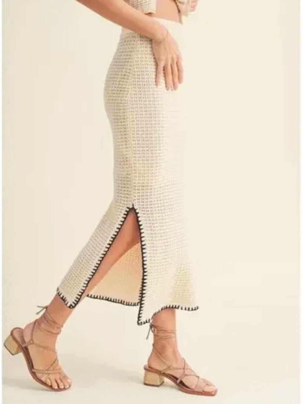 Cream Crochet Midi Skirt with Contrast Trim